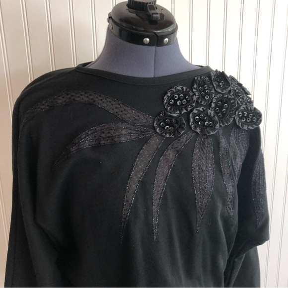 Vintage Tops - Vintage 80s Black Sweatshirt Batwing Beaded Sequins Flower Appliqué Decorative